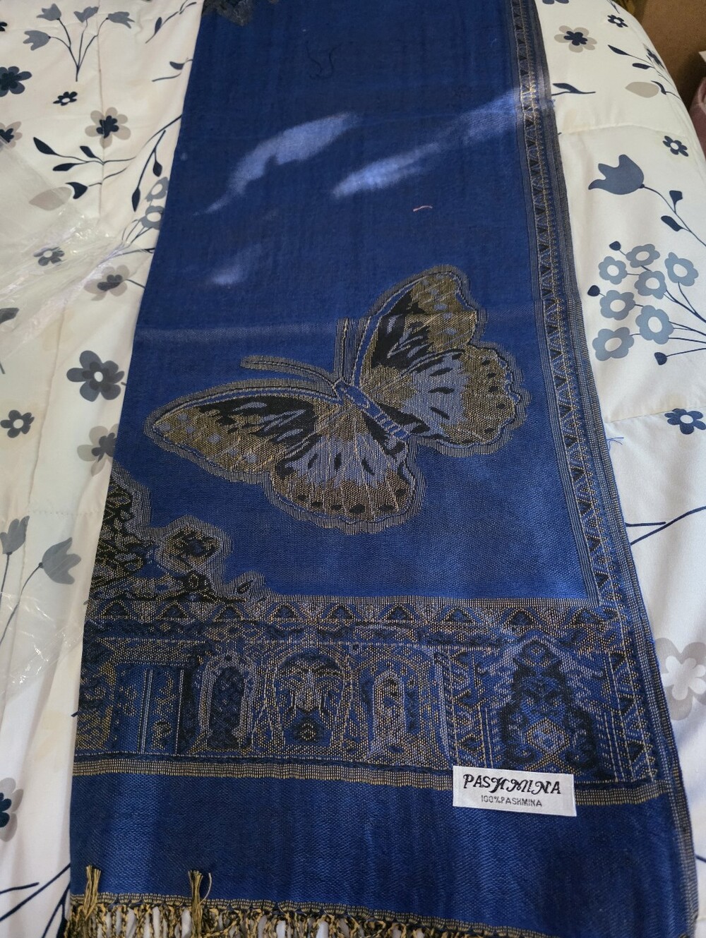 pashmina Navy Blue Wrap with Gold Accents 27x72 Scarf